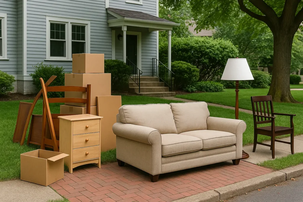 Curbside furniture removal in Silver Spring MD with a sofa, boxes, lamp, and wooden furniture ready for pickup